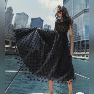Mac Duggal Polka Dot Tulle Fabric Midi Black Dress size 10